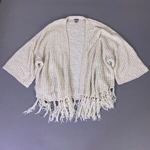 Chelsea28 Cardigan Sweater Size M/L Cream Chunky‎ Knit Fringe Hem Kimono *Flaw